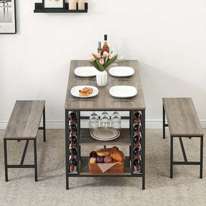 Eettafelset – Eetkamerset – Keukentafelset – Zitgroep – Tafel met Stoelen – Ruimtebesparend Design – Ingebouwd Wijnrek & Opbergrekken – Compact Rechthoekig – Stevig Hardhout – Inclusief 2 Banken