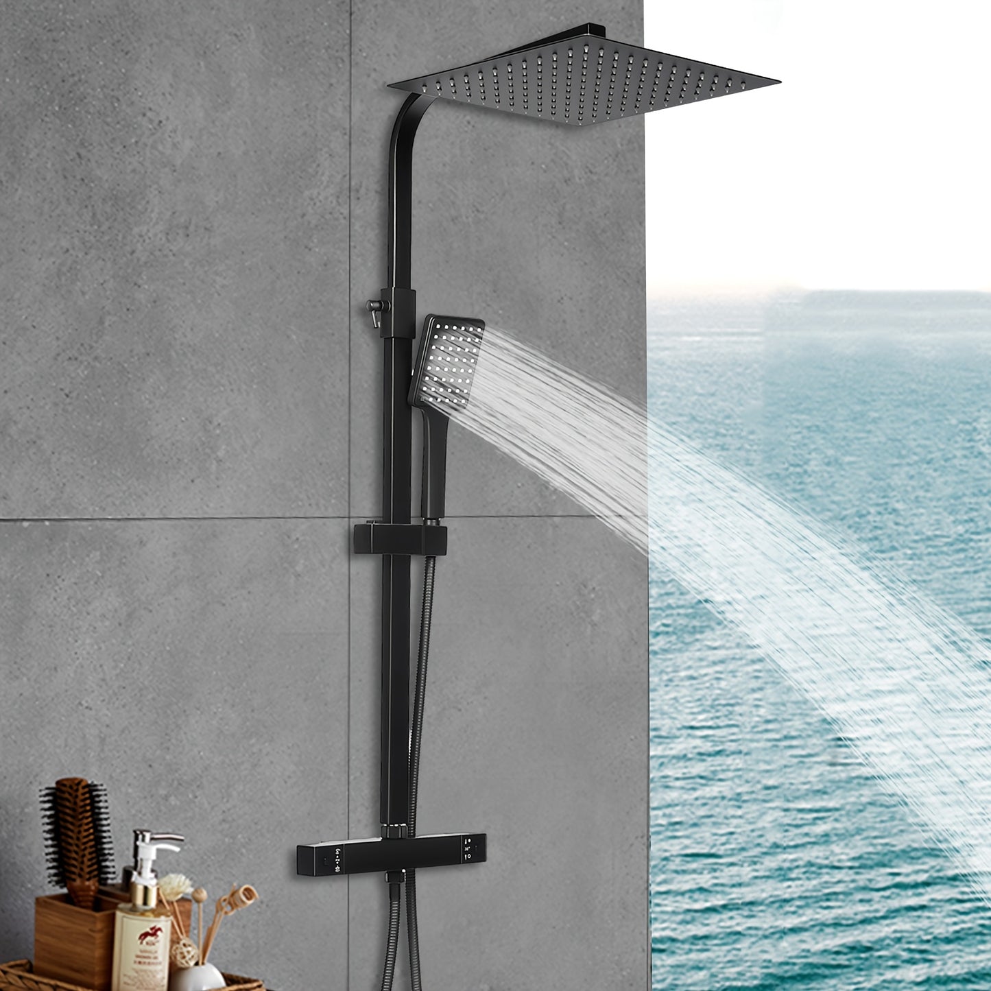 Regendouche – Douchesysteem – Douchekop – Doucheset – Douchekraan – Vierkante 30x30 cm Hoofddouche – Thermostaat Met Veiligheidsstop 38°C – RVS Matzwarte Afwerking