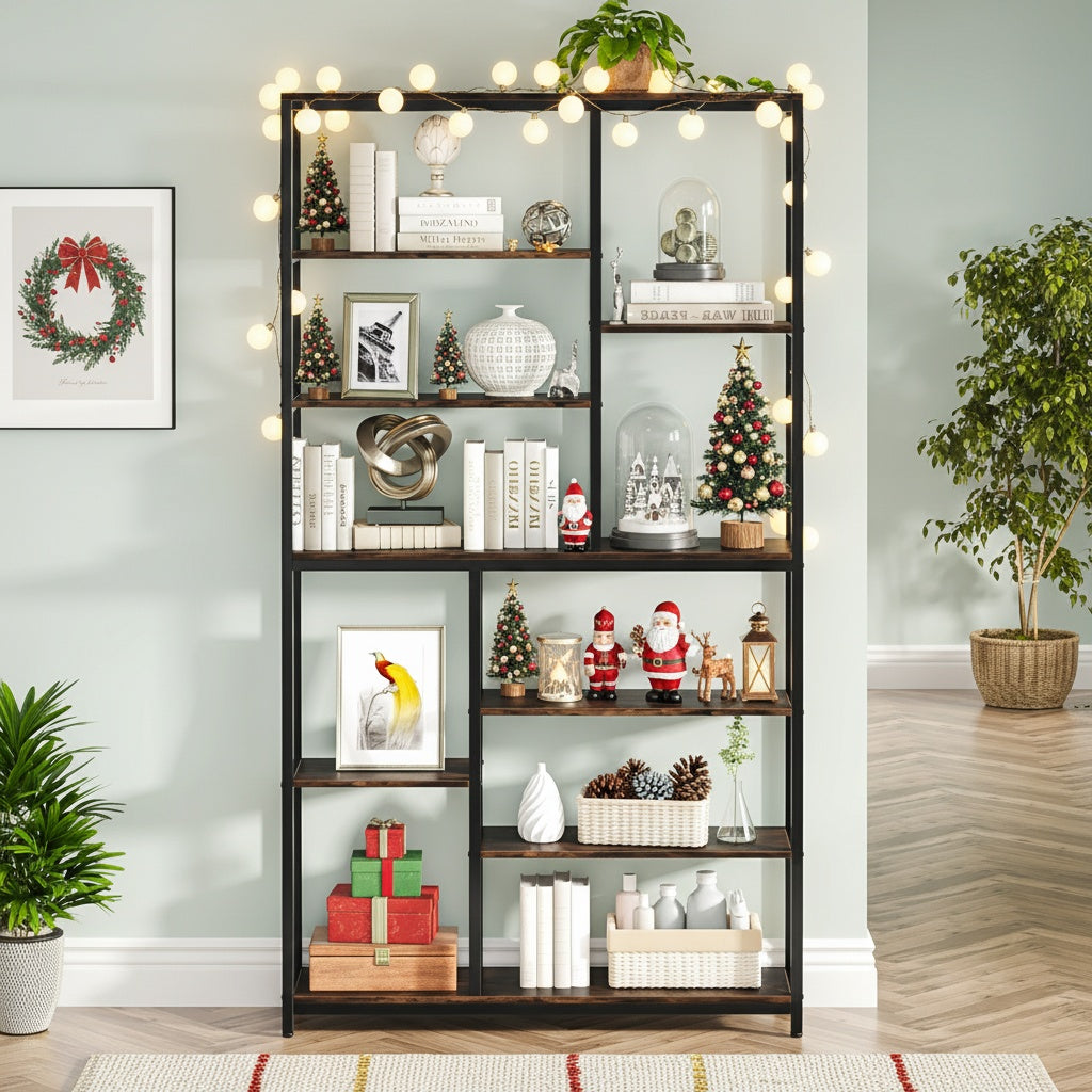 Boekenplank – Boekenkast – Opbergkast – Wandrek – Vakkenkast – Industrieel design – 8-laags Afgestag-erd Metalen Frame Met Hout – Grote Vrijstaande Opbergruimte van 200 cm Hoog