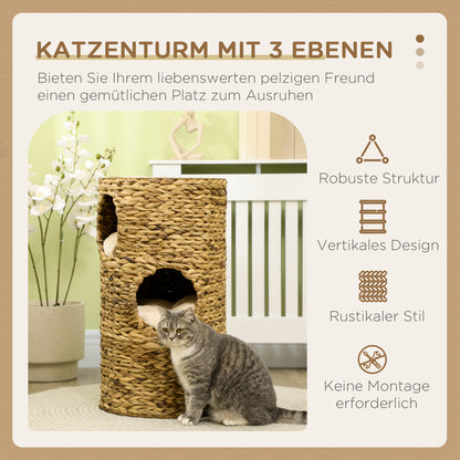 Kattenhol – Kattenhuis – Kattenmand – Kattenhuisje – Kattenhut – Boho Design – 3 Niveaus Met Kussen – Ø40 x 73 cm Lichtbruin & Crème Wit