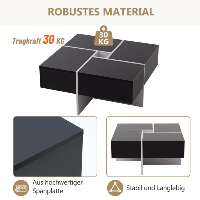 Salontafel – Koffietafel – Bijzettafel – Woonkamertafel – Tafeltje – Hoogglans Zwart-Wit – 70x70x35 cm – Met Opbergruimte en 4 Laden