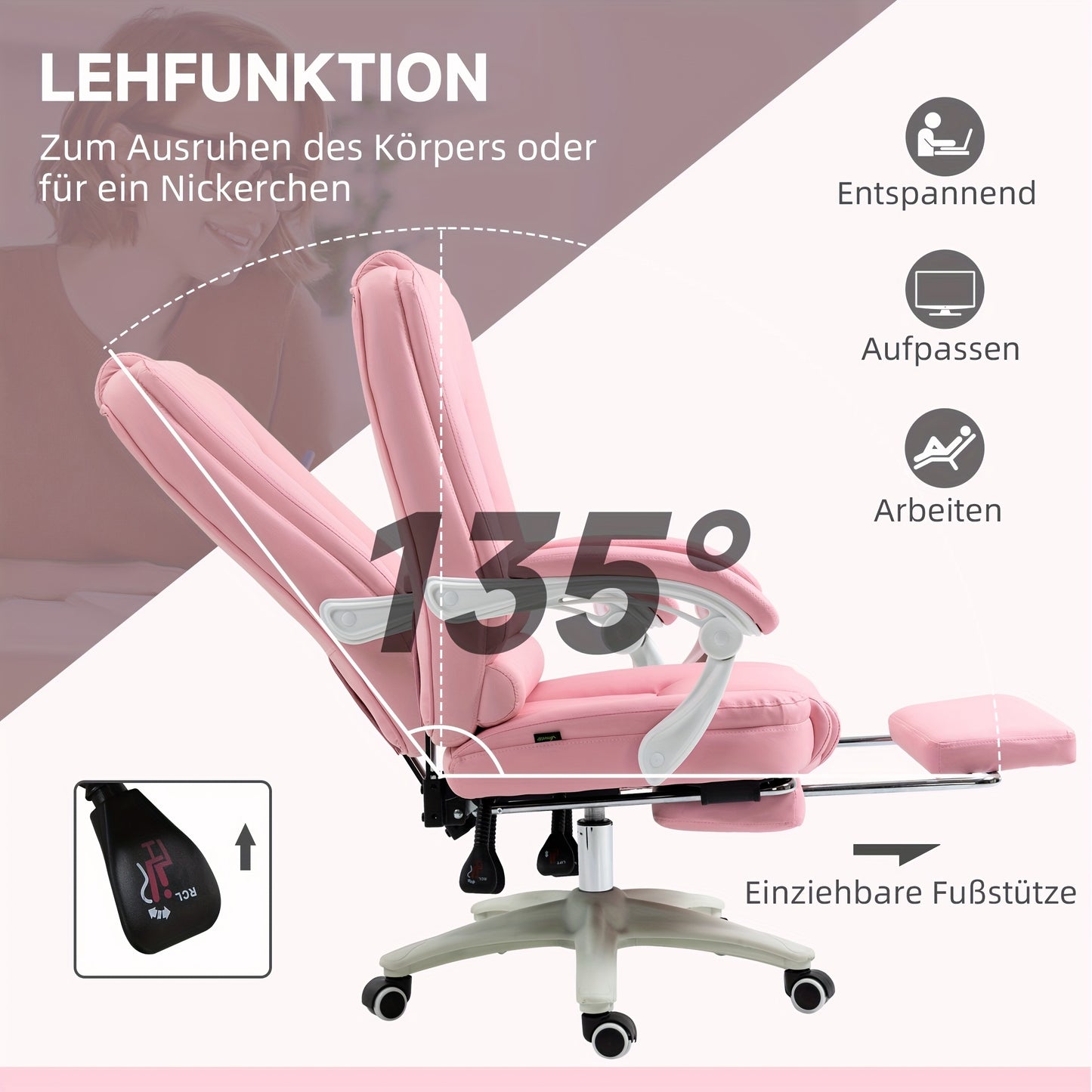 Bureaustoel – Bureaustoel – Kantoorstoel – Fauteuil – Bureaustoelen – Roze – Verstelbare Hoogte – Ingebouwde Voetensteun