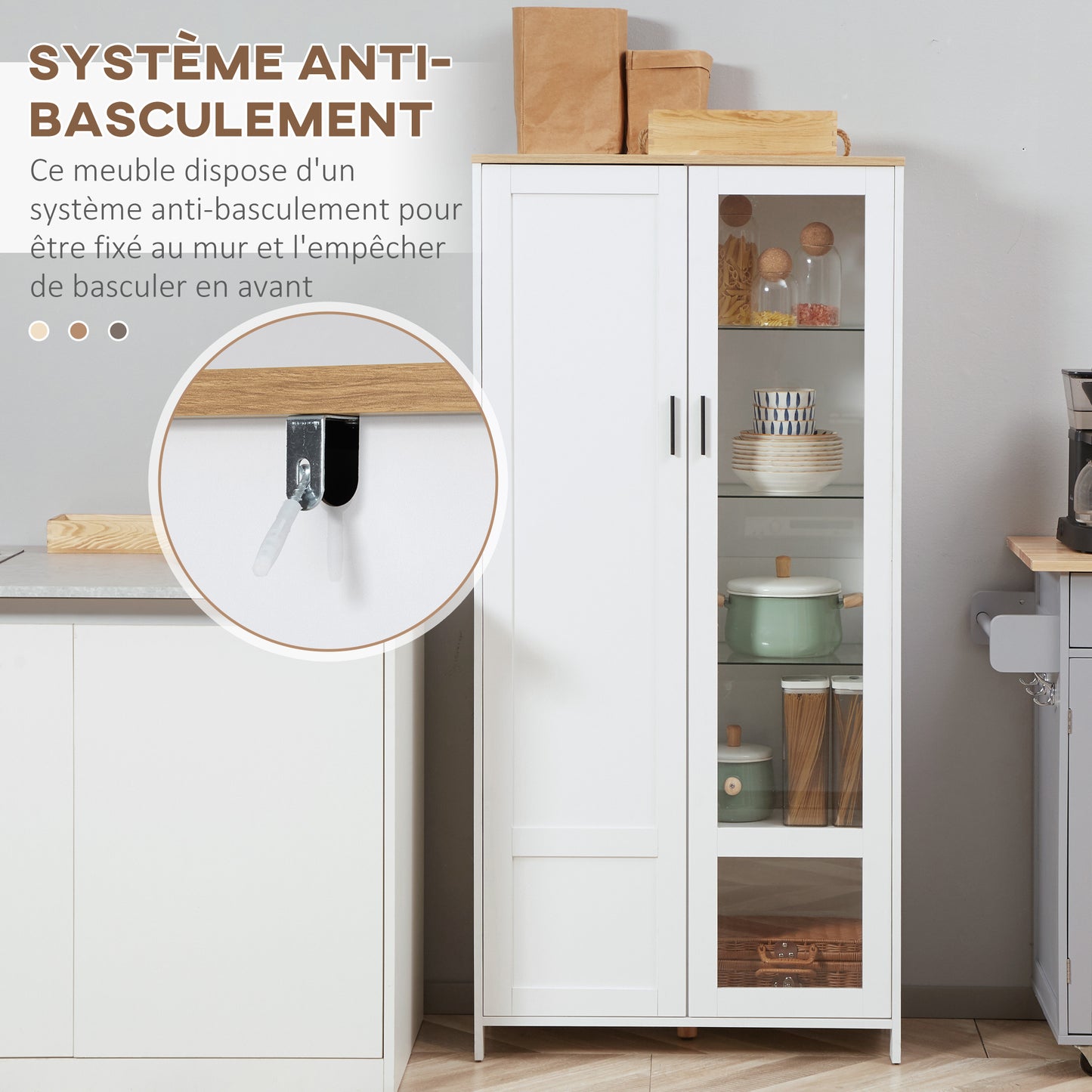 Buffetkast – Keukenkast – Dressoir – Opbergkast – Vitrinekast – 7 Planken Inclusief 3 Glazen Planken – Wit Met Houten Blad – 76x36x160 cm