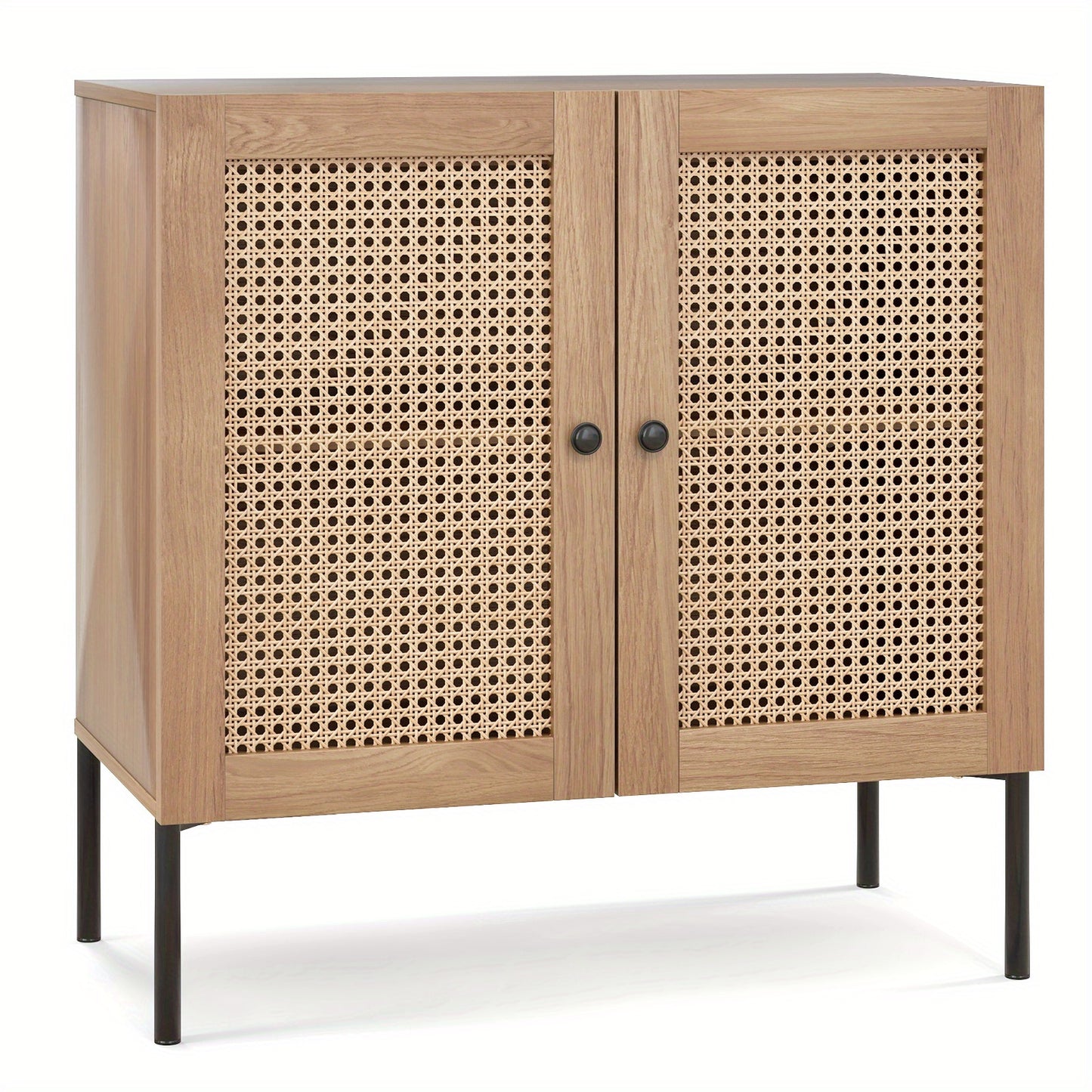 Dressoirkast Industrieel – Sideboard – Kast – Opbergkast – Buffetkast – Rattan Deuren – Verstelbare Plank – 80x40x80 cm – Met Metaal, PVC Rattan en MDF Eikenlook