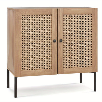 Dressoirkast Industrieel – Sideboard – Kast – Opbergkast – Buffetkast – Rattan Deuren – Verstelbare Plank – 80x40x80 cm – Met Metaal, PVC Rattan en MDF Eikenlook