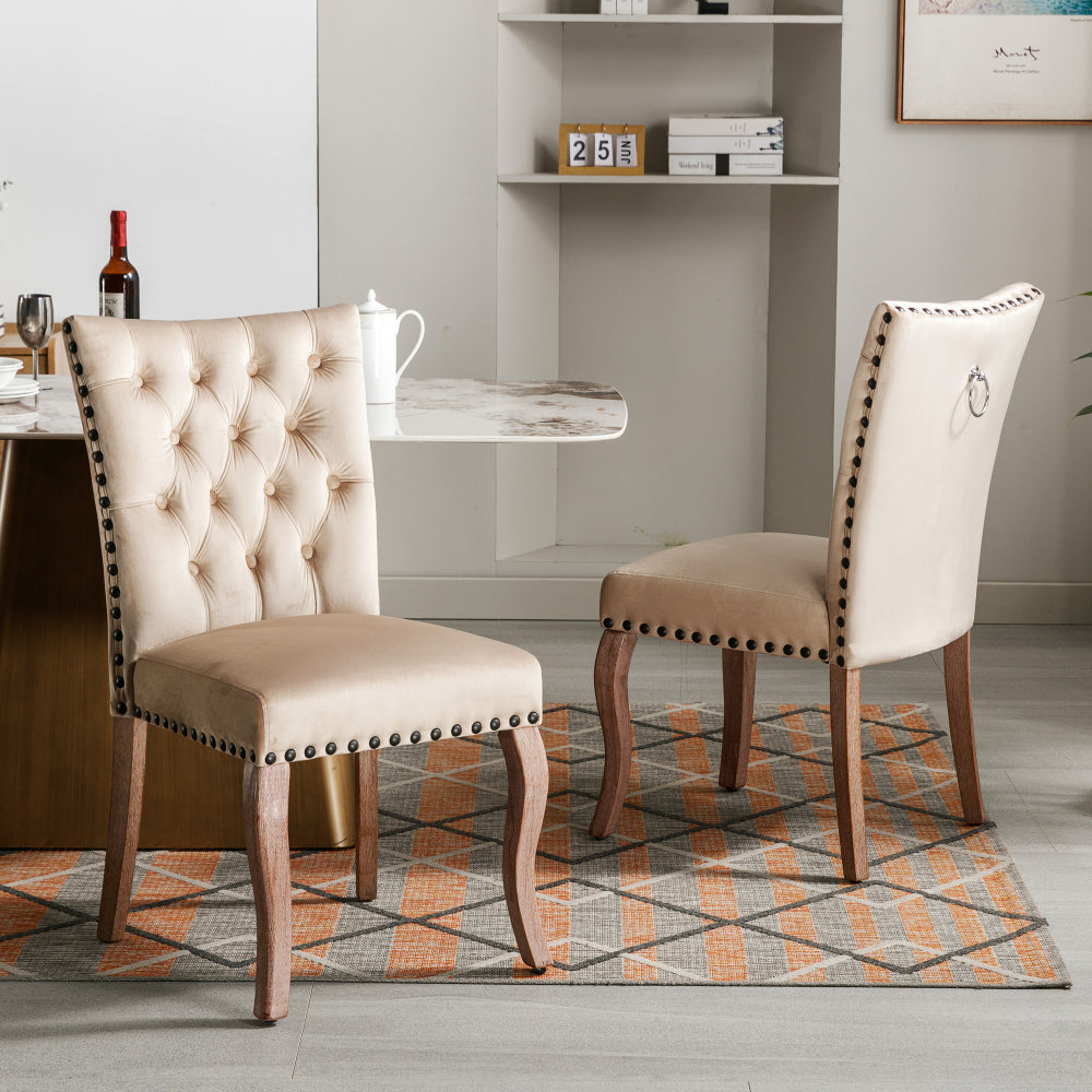 Eetkamerstoel – Stoel – Kuipstoel – Dining Chair – Draaistoel – Set Van 2 – Beige Bruin – Fluwelen Bekleding – Zwart Nagelrand – Gemakkelijk Schoon Te Maken