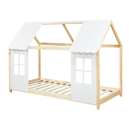 Kinderbed – Halfopen Huisbed – Huisvormig Bed – Kinderbed Frame – Bed Voor Kinderen – 90x200 cm Wit – Massief Dennenhout – Sfeervolle Decoratieve Ramen