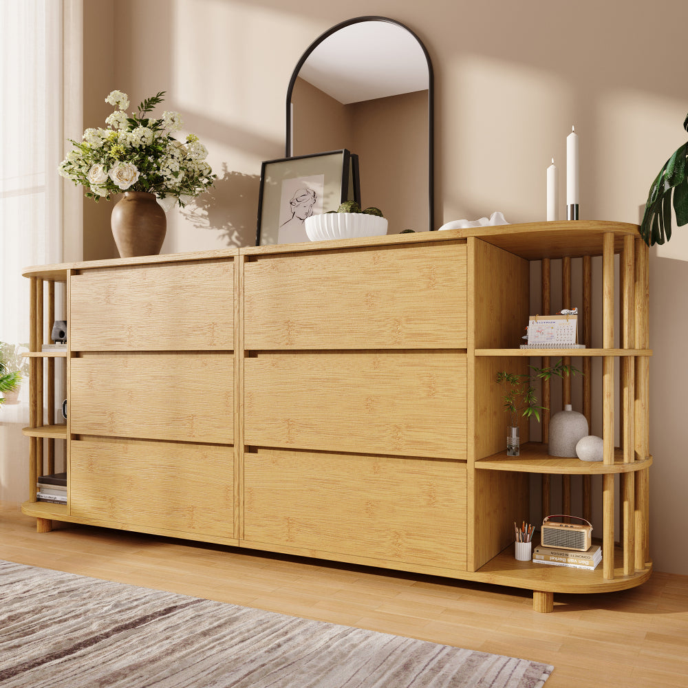 Grote Kast – Opbergkast – Dressoir – Sideboard – Ladekast – Eikenfineer & Bamboe – 6 Lades Met Verstelbare Planken – Antikantelmechanisme & Verstelbare Pootjes