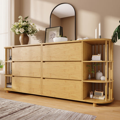 Grote Kast – Opbergkast – Dressoir – Sideboard – Ladekast – Eikenfineer & Bamboe – 6 Lades Met Verstelbare Planken – Antikantelmechanisme & Verstelbare Pootjes