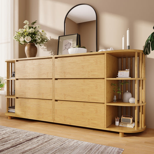 Grote Kast – Opbergkast – Dressoir – Sideboard – Ladekast – Eikenfineer & Bamboe – 6 Lades Met Verstelbare Planken – Antikantelmechanisme & Verstelbare Pootjes