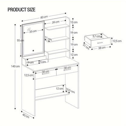 Kaptafel – Make-uptafel – Cosmeticatafel – Vanity – Opmaaktafel – LED Verlichting – 2 Lades & 2 USB Stopcontacten – Wit – 80x40x140 cm – Houtvezelplaat