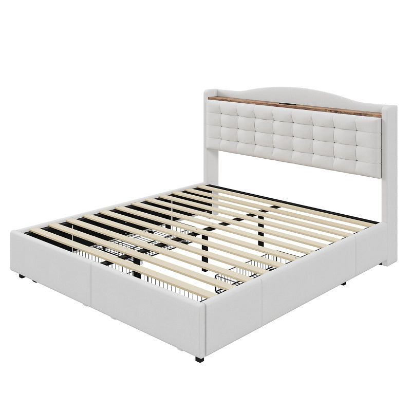 Tweepersoonsbed – Gestoffeerd Bed – Opbergbed – Slaapbed – Bedframe – 140x200 cm – Linnen Bekleding Beige – Inclusief Nachtkastje Met Laadfunctie
