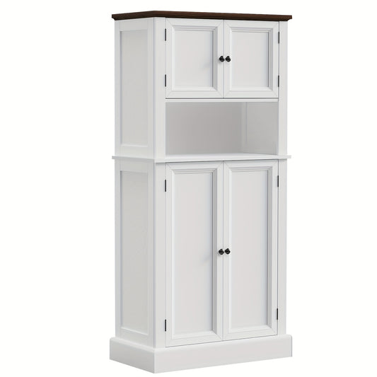 Hoge Bergkast Keukenkast – Opbergkast – Voorraadkast – Keukenkastje – Kast Met Blad – 128 cm Hoog – 4 Deuren Met Werkblad – Wit Met Tigerstripe Design