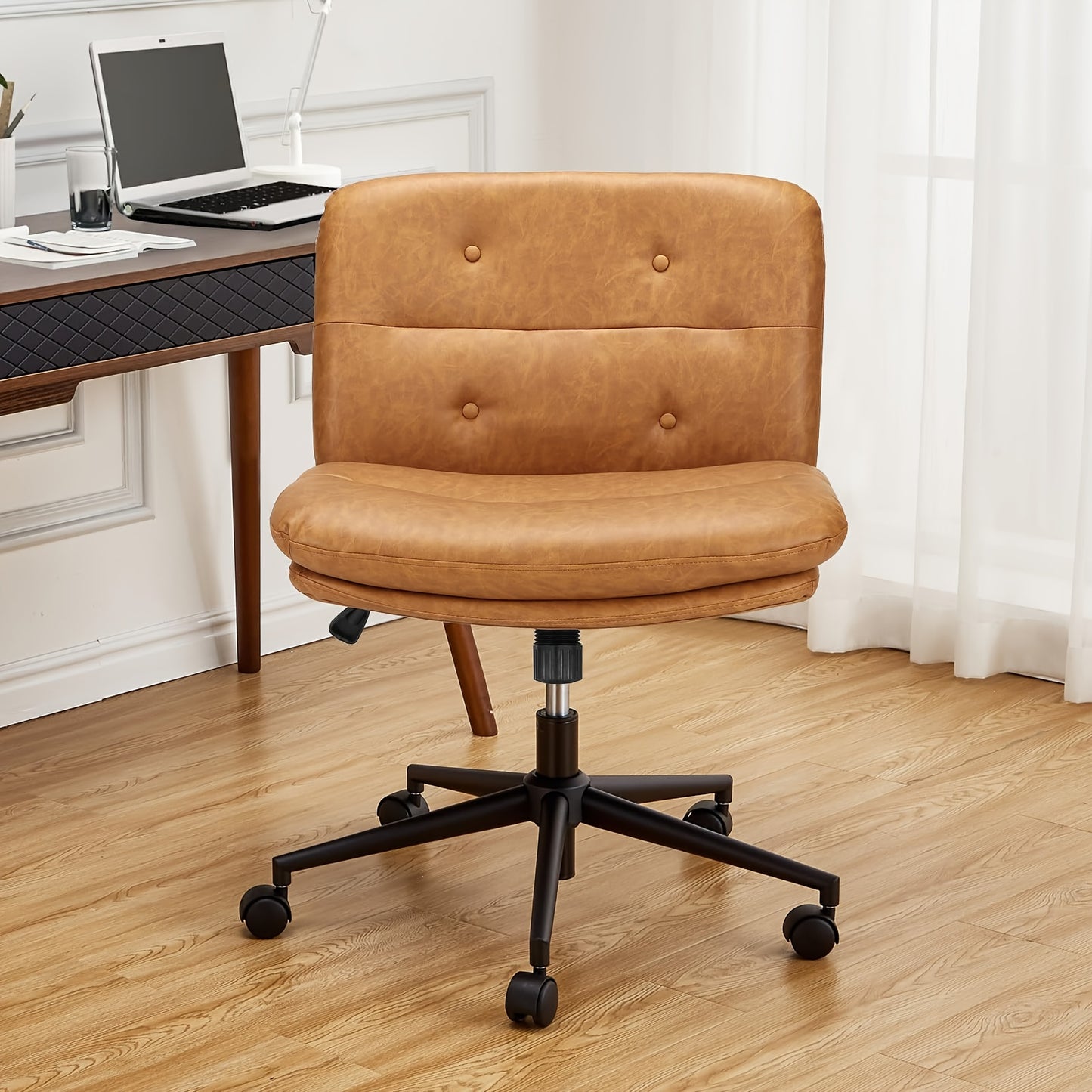 Modern Height-Adjustable Swivel Dining Chair with Memory Foam Cushioned Seat & Brown Faux Upholstery - Sturdy Metal Frame, Wide Comfortable Cross-Legged Design, Wheeled Base for Kitchen, Home Office, Breakfast Nook - Easy-Cle