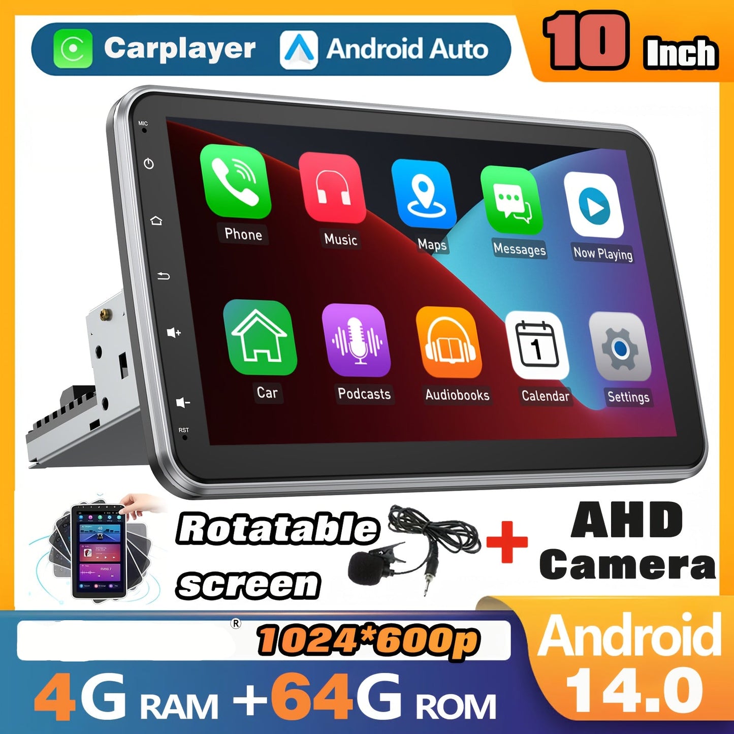 Autoradio – Car Stereo – Multimedia Speler – Inbouwradio – Auto Entertainment Systeem – Draaibaar 10,1 inch Touchscreen – Android 14.0 Met Wireless Carplay & AHD Achteruitrijcamera