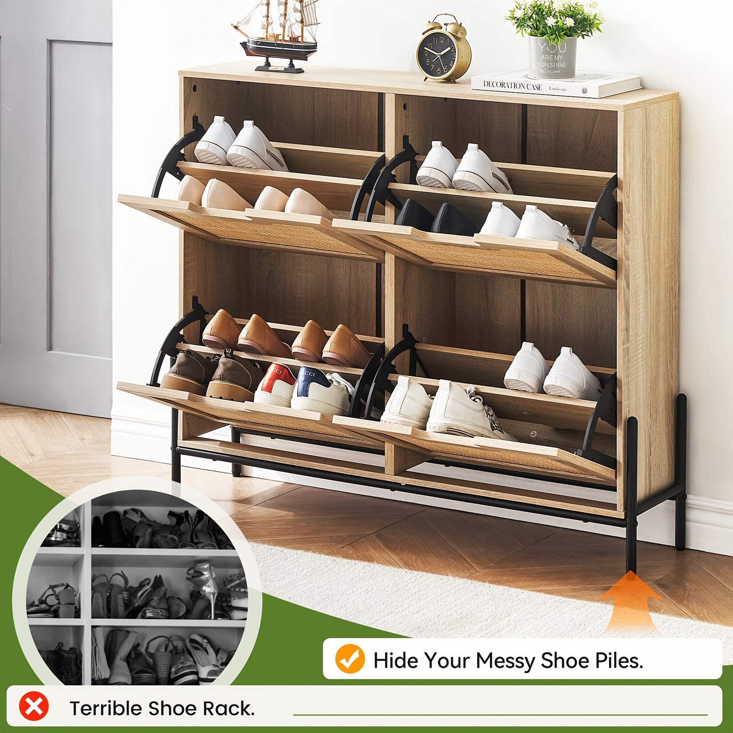 Natural Rattan Shoe Cabinet Organizer with Flip Doors - Freestanding Entryway Storage Cabinet, Large Capacity Shoe Rack with 3-Tier Adjustable Shelves, Space-Saving Modern Hallway Organizer for Living Room, Bedroom, Office -