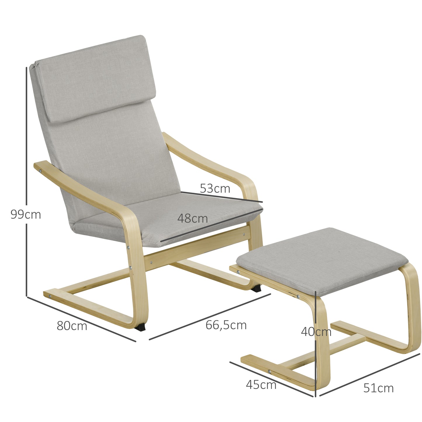 Loungestoel – Fauteuil – Relaxstoel – Zetel – Armstoel – Linnenlook Stof – Houten Frame – Incl. Voetenbankje – Max 120 Kg – Lichtgrijs/Natuur