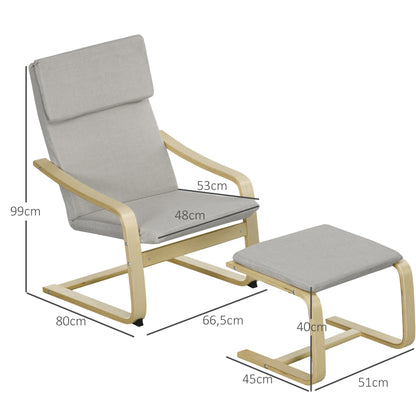Loungestoel – Fauteuil – Relaxstoel – Zetel – Armstoel – Linnenlook Stof – Houten Frame – Incl. Voetenbankje – Max 120 Kg – Lichtgrijs/Natuur
