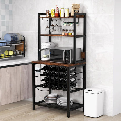 Wijnkast – Wijnrek – Wijnbar – Wijnmeubel – Wijnkast met opbergruimte – Industrieel design – Ingebouwde 2 AC & 2 USB poorten – Voor 24 flessen, 9 glazen en 6 cups – Bruin/Zwart