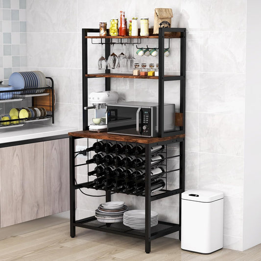 Wijnkast – Wijnrek – Wijnbar – Wijnmeubel – Wijnkast met opbergruimte – Industrieel design – Ingebouwde 2 AC & 2 USB poorten – Voor 24 flessen, 9 glazen en 6 cups – Bruin/Zwart