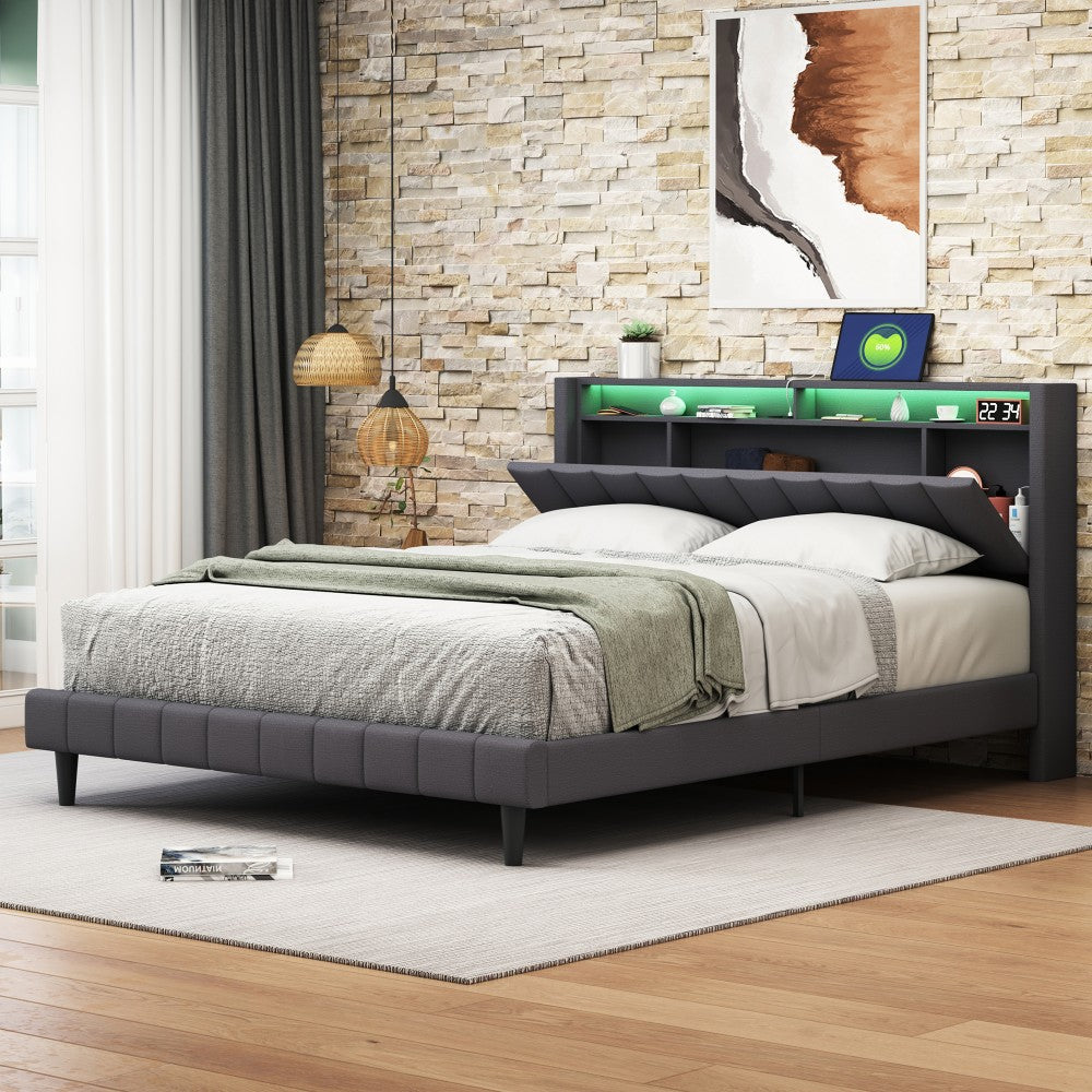 Bedden – Tweepersoonsbed – Gestoffeerd Bed – Slaapbed – Bedframe – 140x200 cm – USB Oplaadpunt – LED Verlichting