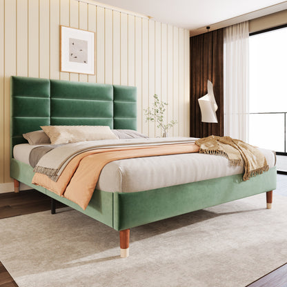Double Bed with Slatted Frame - Dark Green Upholstered Headboard, Sturdy No-Assembly Bed Frame, Heavy-Duty Construction for Adults & Teens - Mattress Not Included - Ideal for Modern, Headboard Cover For Bed Padded, Headboard
