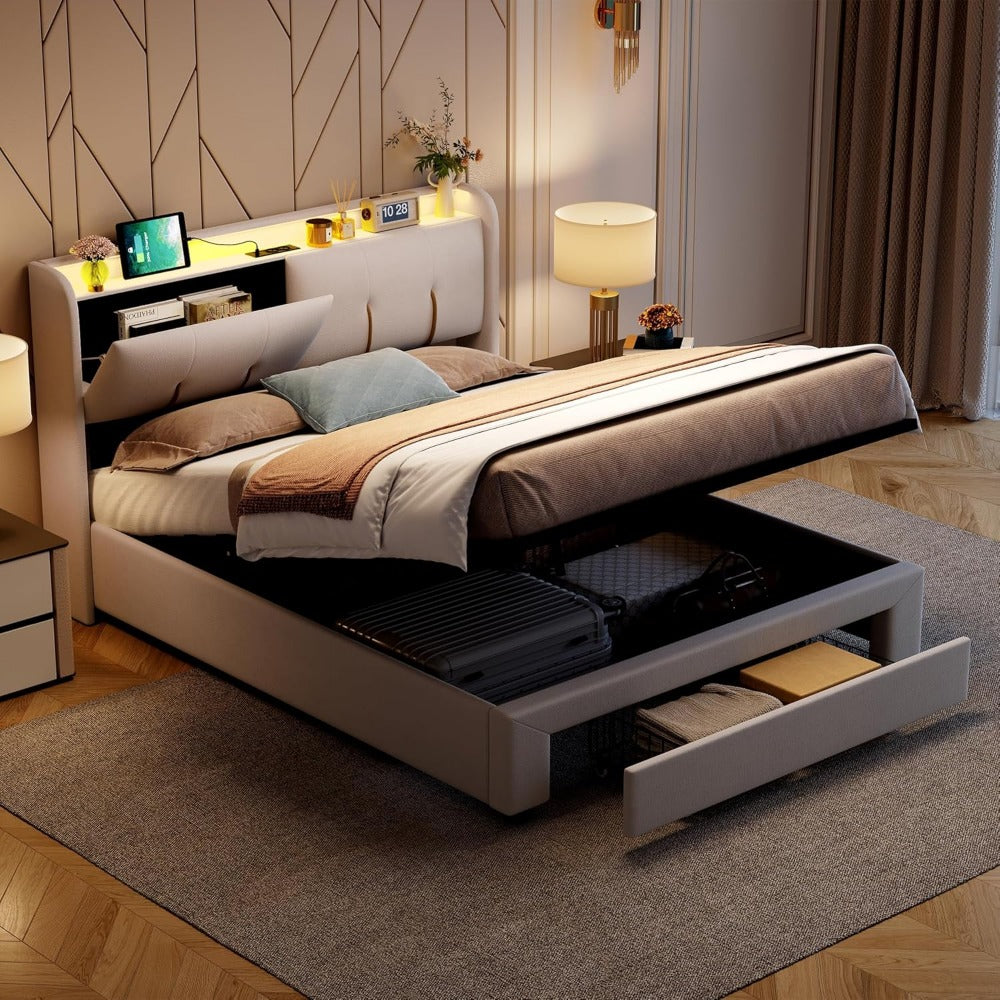 Tweepersoonsbed – Opbergbed – Ladebed – Gestoffeerd Bed – Slaapbank – 160x200 cm – Hydraulische Opbergruimte – Verstelbaar LED-Hoofdbord Met USB