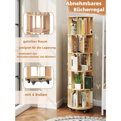 Boekenplank – Boekenrek – Wandplank – Boekenkast – Wandrek – 5 Laags Draaibaar – Massief Hout Met Achterpaneel
