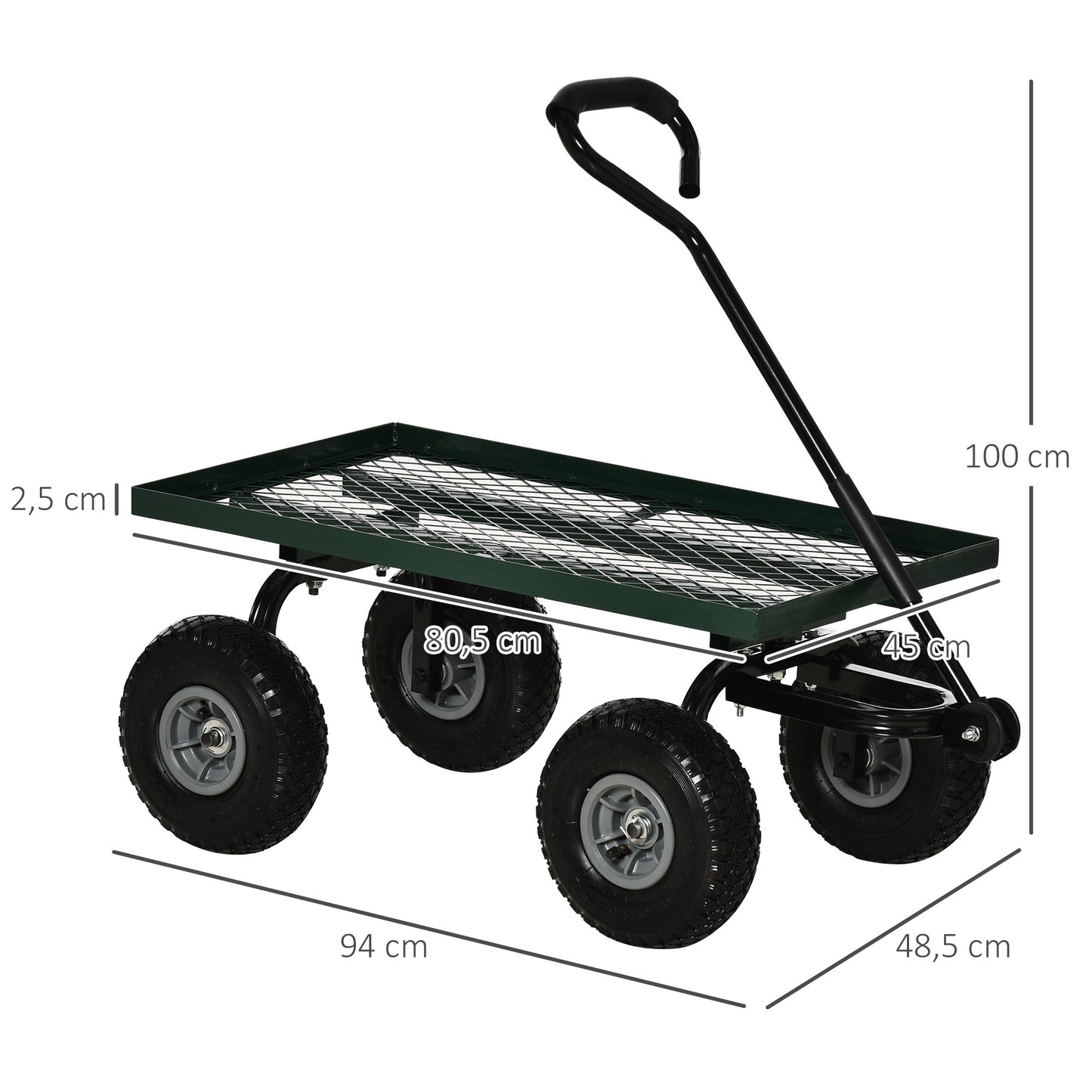 Tuinwagen – Tuinkar – Tuintrolley – Transportkar – Bolderkar – Stalen Frame – Max 150 kg Belastbaar – 4 Luchtbanden – Comfortabele Foam Handgreep – Groen