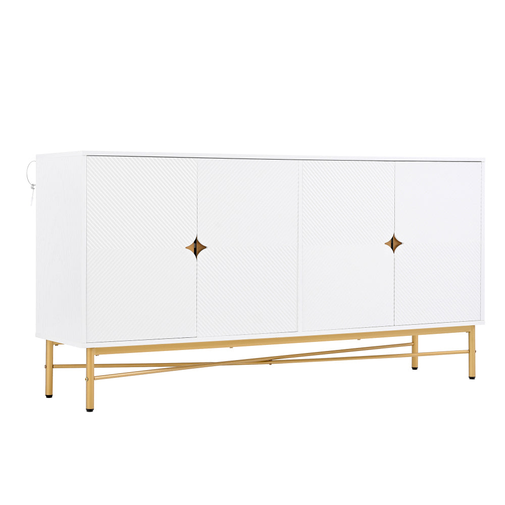 Sideboard with Raised Texture 160cm, Cabinet with Four Doors and Golden Brushed Handles & High-Gloss Table Legs, White, 160×40×82cm, Entryway Cabinet, Bedroom Sideboard, Elegant Handles, Sleek Cabinet, Stylish Hardware, Dur