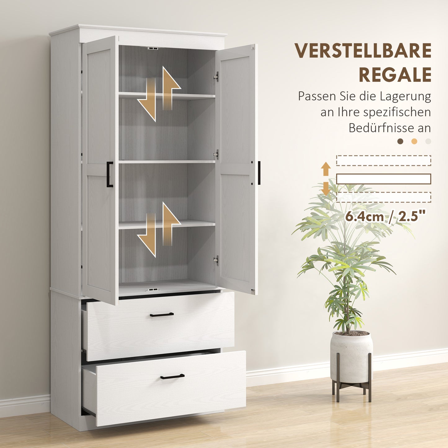 Keukenkast – Hoge Kast – Opbergkast – Buffetkast – Ladekast – Verstelbare Planken – Hout Crème Wit – 75x39x178 cm – Anti-Kantel Veilig