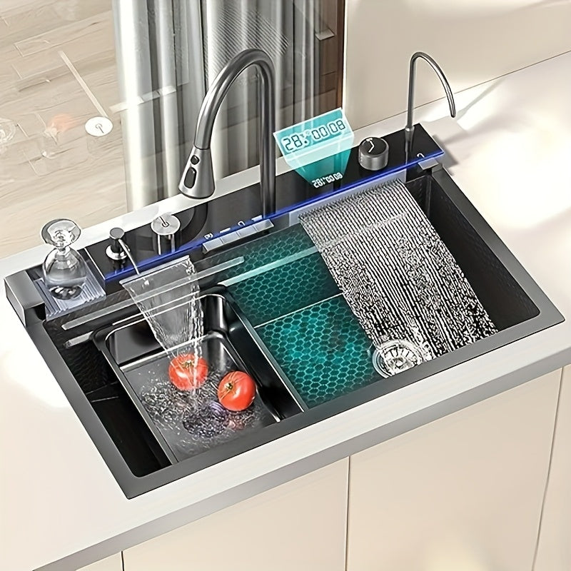 1 Set Digital Display Waterfall Sink Single Bowl kitchen Sinks, Stainless Steel Bar Sink With Pull Down Sprayhead Faucet, Smart Modern Kitchen Sink With Full Set Of Accessories, Gun Gray
