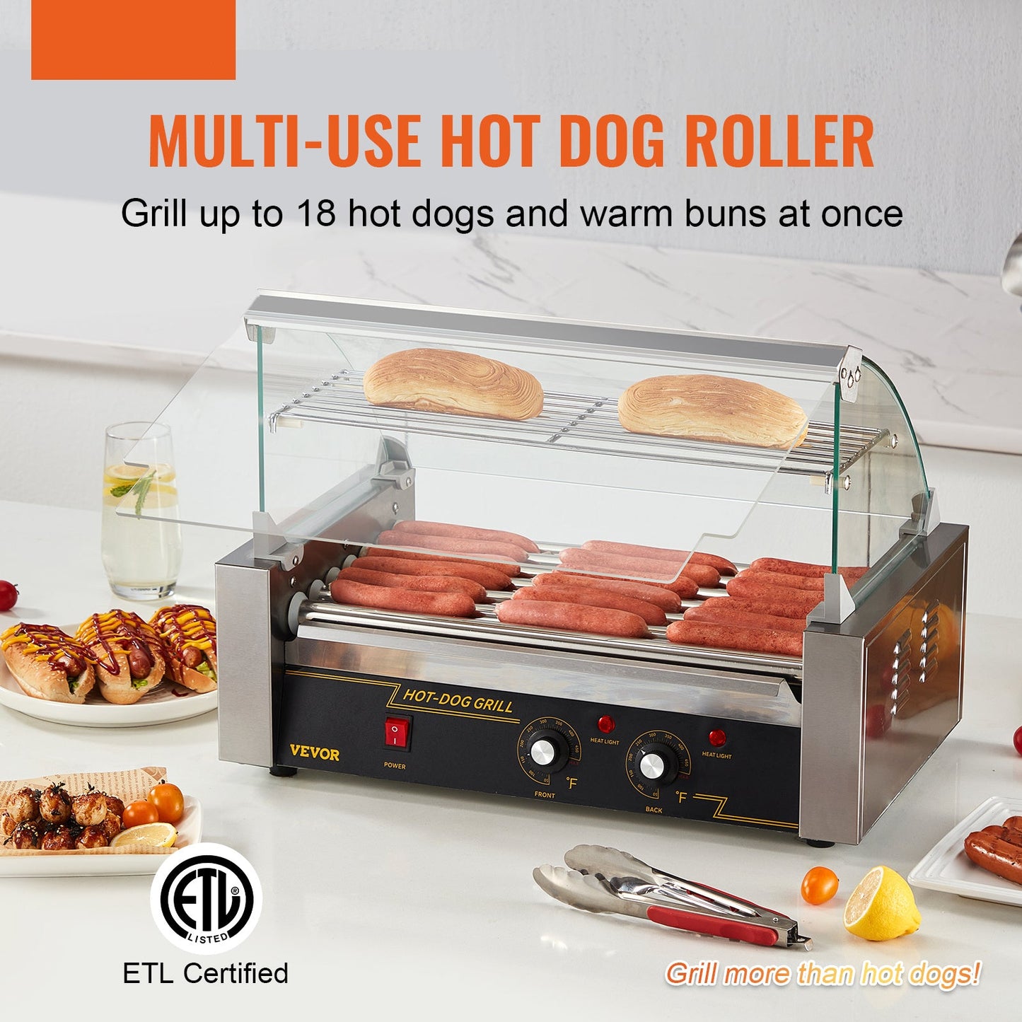 Hotdoggrill – Worstengrill – Hotdogmaker – Hotdogroller – Elektrische Rollergrill – 7 Rollers Voor 18 Hotdogs – Roestvrij Staal & 1400W Vermogen