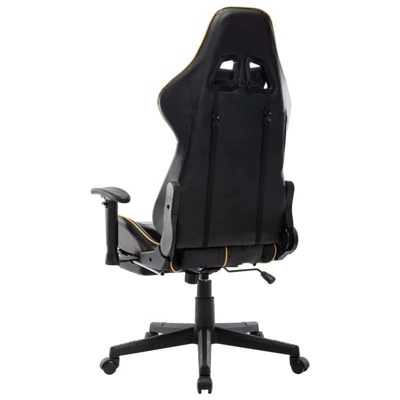 Gaming chair with footrest, black faux leather and gold-colored gaming PC
