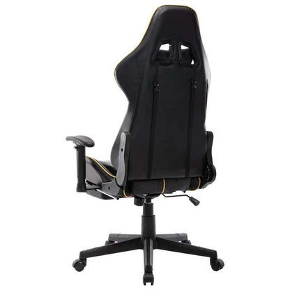 Gaming chair with footrest, black faux leather and gold-colored gaming PC
