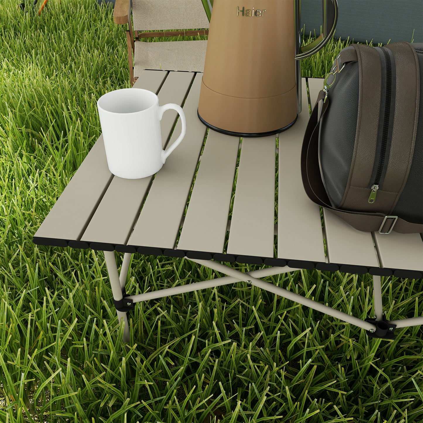 Campingtafel – Klaptafel – Vouwtafel – Kampeertafel – Tafeltje – Oprolbaar Tafelblad – Aluminium Frame – 95 x 55 cm – Khaki – Lichtgewicht – Compact
