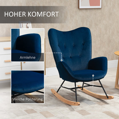 Schommelstoel – Wiegstoel – Relaxstoel – Lounge Stoel – Zitstoel – Velvet Bekleding – Houten Frame – Draaggewicht 150 Kg – Diepblauw Design