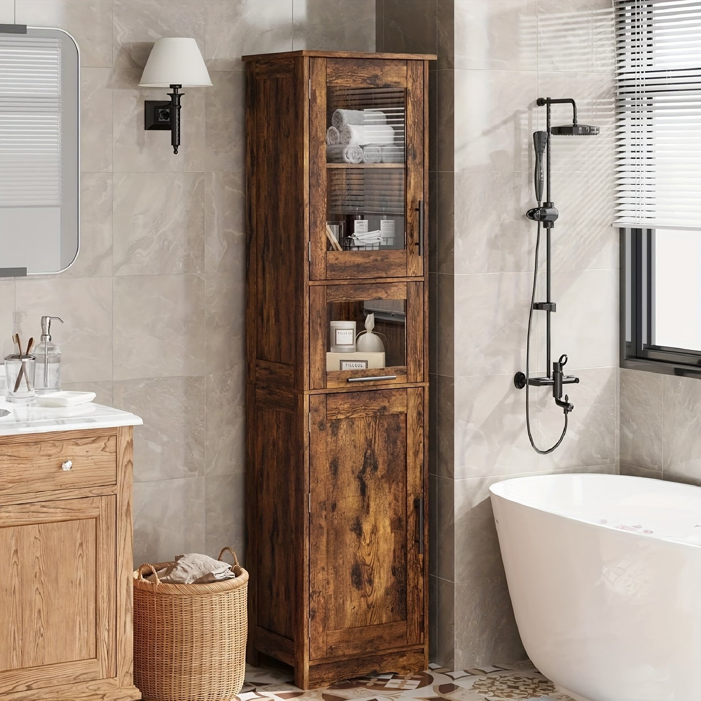 Badkast – Hoge Kast – Badkamerkast – Opbergkast – Staande Kast – Glasdeuren – Verstelbare Planken – MDF Met Eiken Fineer – 170 cm Hoog