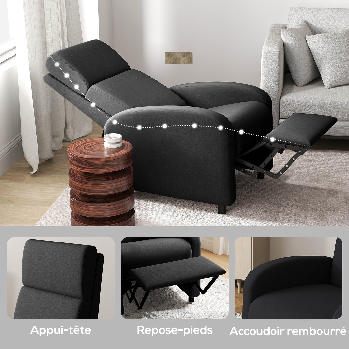 Relaxfauteuil – Verstelbare Fauteuil – Relaxstoel – Ruststoel – Zwart – Verstelbare Rugleuning Tot 160° – Ingebouwde Voetensteun