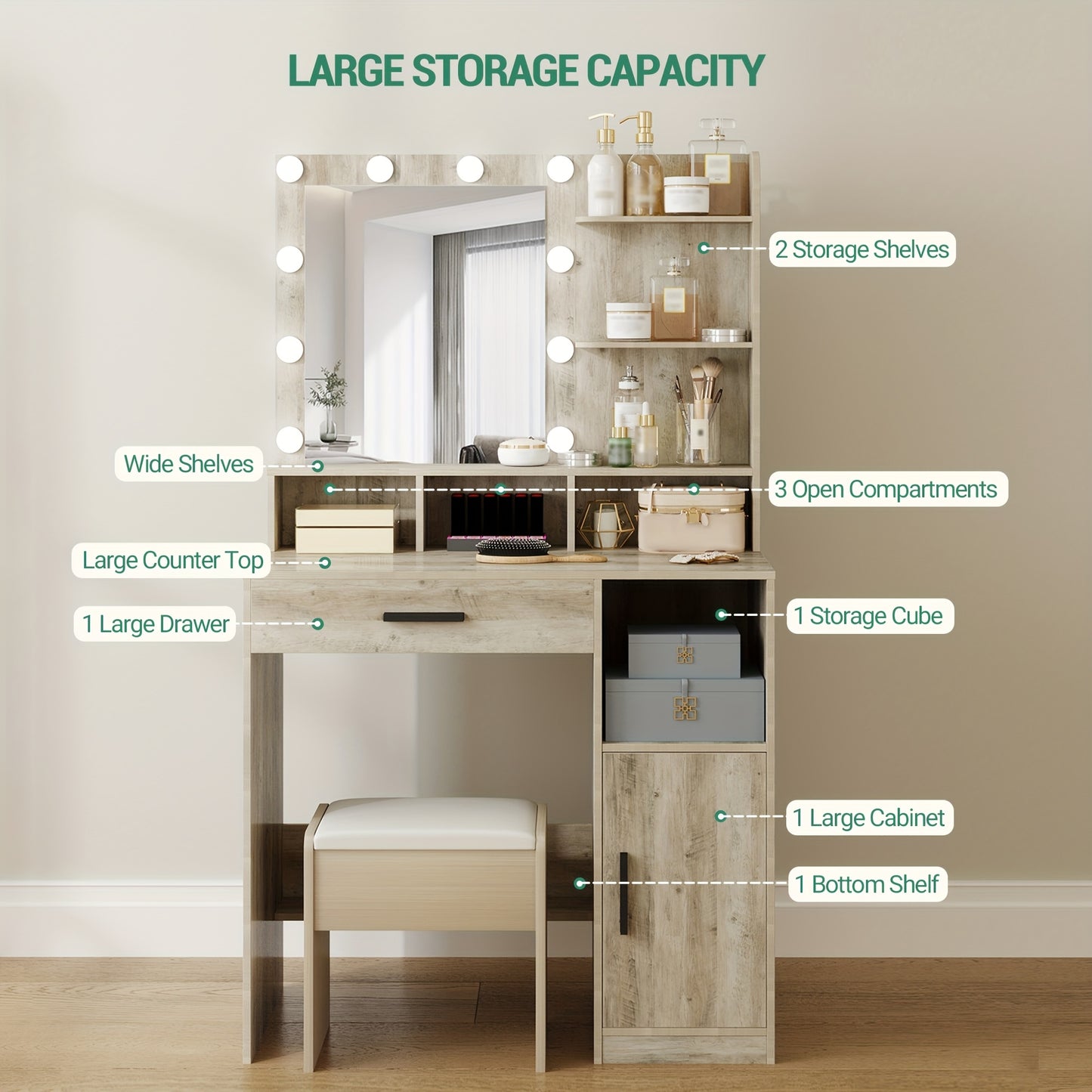 Kaptafel – Make-uptafel – Schoonheidstafel – Make-upmeubel – Greige – 10 Dimbare LED Lampen – 3 Planken & Grote Lade