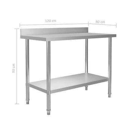 Werktafel Keuken – RVS Werkbank – Inklapbare Tafel – Werkblad Horeca – Werkbank Met Opbergruimte – 120x60x93 cm – Roestvrij Staal – Verhoogde Achterwand – Dubbellaagse Plank