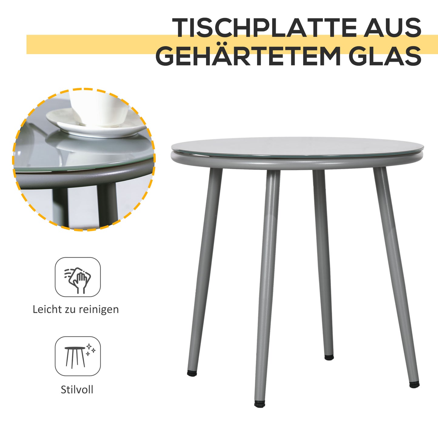 Bistroset – Tuinset – Balkonset – Tuintafel – Tuinstoelen – Rattan met Gepoedercoat Stalen Frame – Inclusief Glazen Tafelblad en Comfortabele Kussens