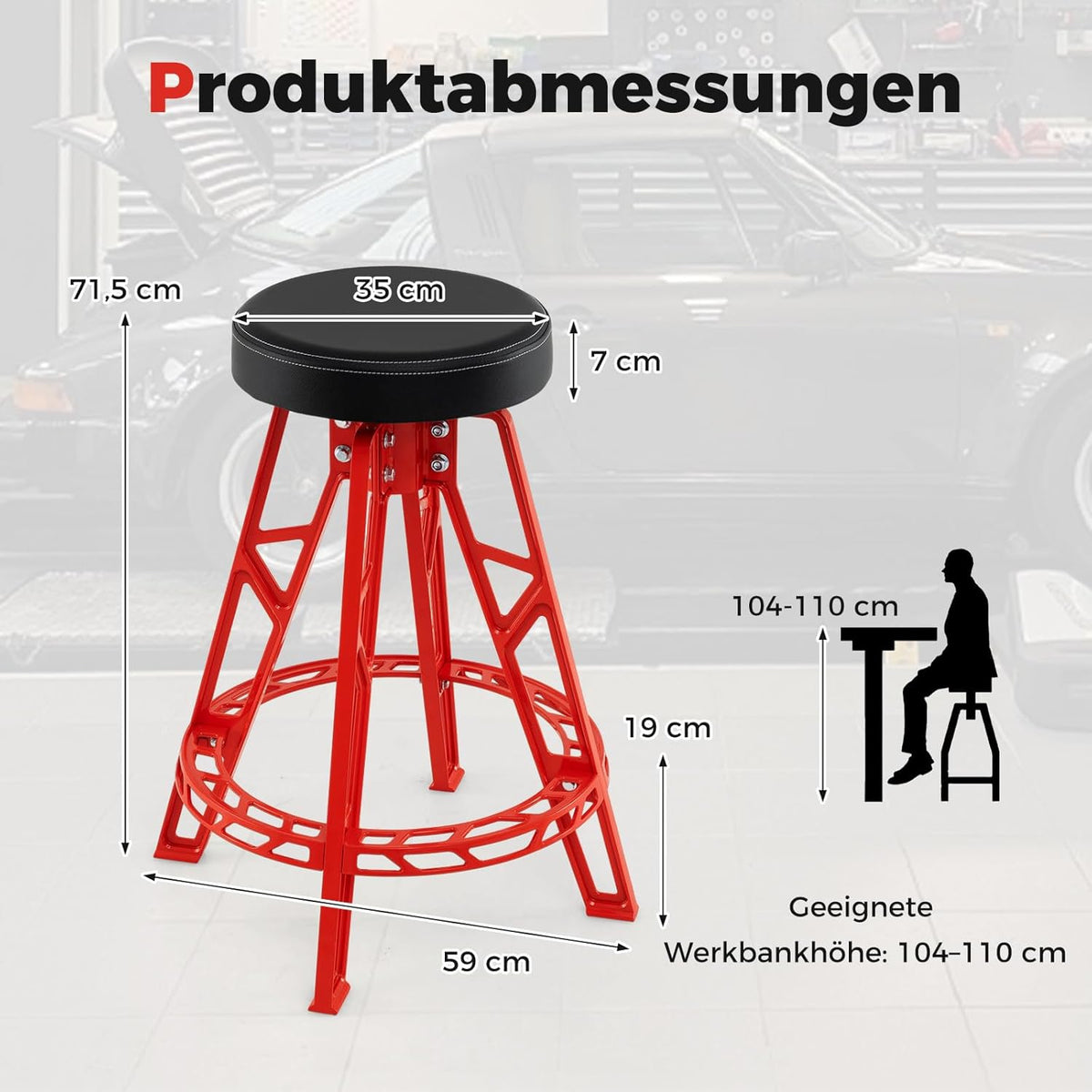 Draaistoel Werkkruk – Werkstoel Werkbank Krukje – Rood – Ergonomisch PVC Zitvlak – Stevig Metalen Frame