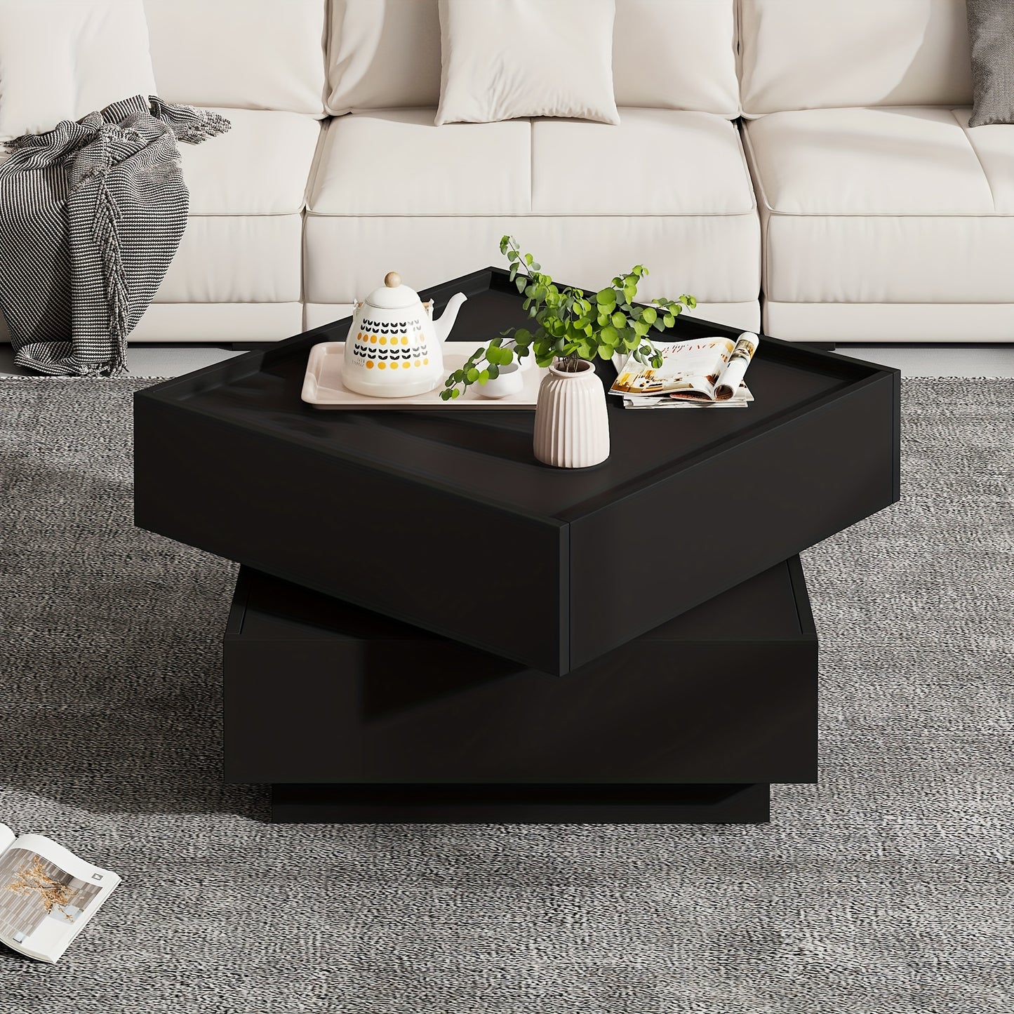 Functional Coffee Table For The Living Room, 360° Swivelling, Swivelling Table Top With 2 Shelves And Storage Space, Black Living Room Side Table Frame, 60*60*38 Cm