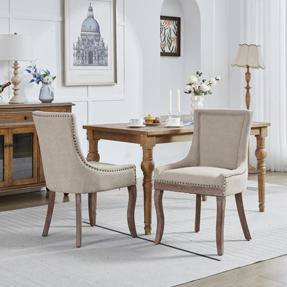 Eetkamerstoel – Stoel – Dining Chair – Zitstoel – Eetkamerstoel Set – Beige Kleur – Dikke Stoffen Zitting – Bronze Spijkerband Afwerking