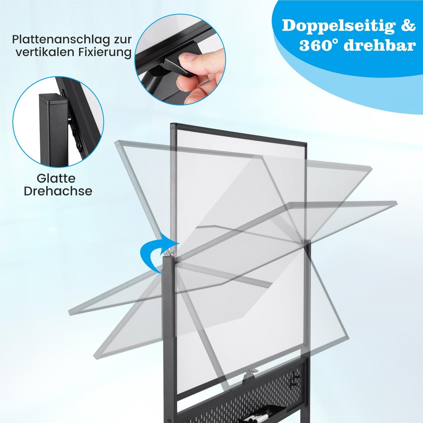 Mobiel Whiteboard – Droog Uitwisbaar Bord – Magnetisch Bord – Spiegelbord – Schoolbord – Dubbelzijdig – 120 x 90 cm – Hoogte Verstelbaar – Wieltjes Met Rem