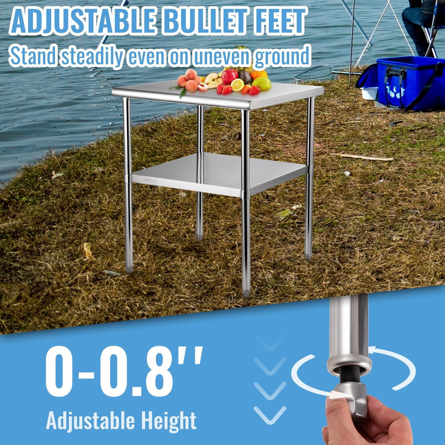 Roestvrijstalen Werktafel – RVS Keukentafel – Werkbank – Voorbereidingstafel – Cateringtafel – Verstelbare Onderplank – 76 x 76 x 91 cm – 363 kg Draagvermogen