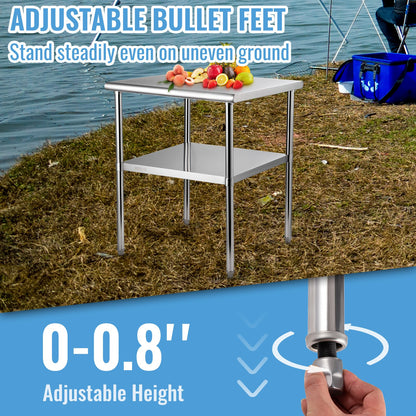 Roestvrijstalen Werktafel – RVS Keukentafel – Werkbank – Voorbereidingstafel – Cateringtafel – Verstelbare Onderplank – 76 x 76 x 91 cm – 363 kg Draagvermogen