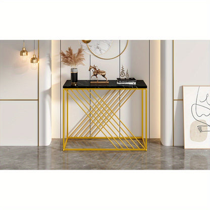Sidetable – Consoletafel – Wandtafel – Haltafel – Bijzettafel – Modern Zwart Metaal – Gouden Poten – MDF Hoogglans – 100x35x77 cm – Eenvoudige Montage