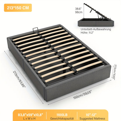 Bedframe – Bedframe Met Opberglade – Ophoogbed – Opbergbed – Slaapbed – Grijs – Hydraulische Opberglift – 140x200 cm – Stevig Metalen Frame – Leren Bekleding